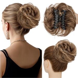 Medium Brown Dark Blonde Highlight Human Hair Clip In Messy Bun Extension